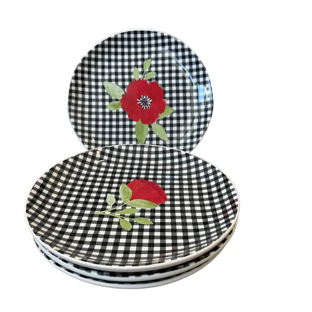 DOLLY PARTON Set of 4 Ceramic Tidbit Bowls Black|White Gingham Red Floral INEW
